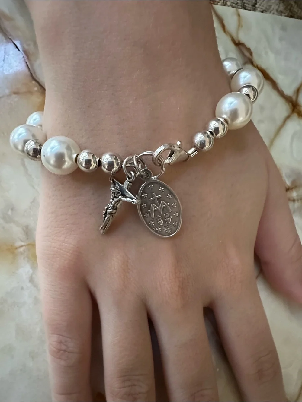 925 Sterling Silver Pearl and Silver Religious Charm Bracelet